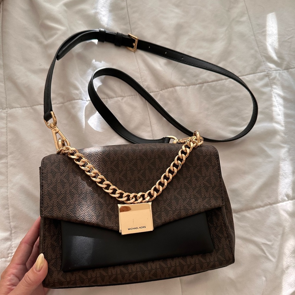 Michael Kors Black and Brown Shoulder Bag with Gold Chain